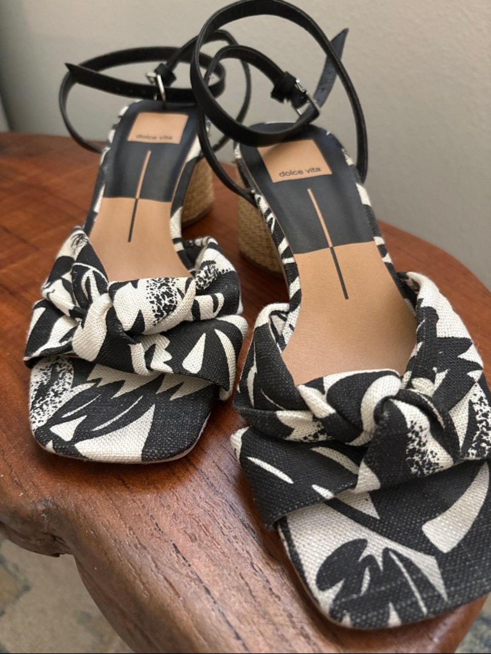 Dolce Vita Black & White Floral Knot Ankle-Strap Sandals